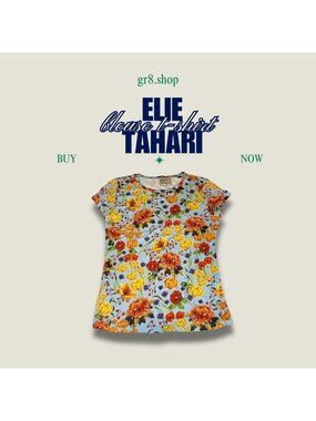 Elie Tahari Womens Floral Print T-Shirt Blouse Short Sleeve Lightweight Casual T